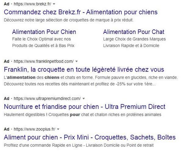 Annonces PPC pour les aliments pour chiens dans la recherche Google