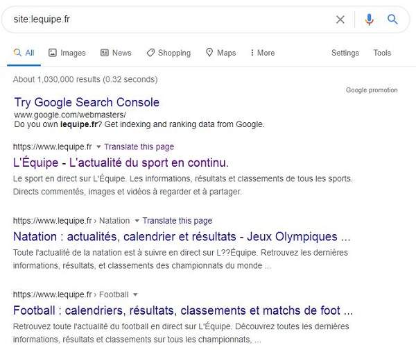 Recherche de site l'équipe sur Google