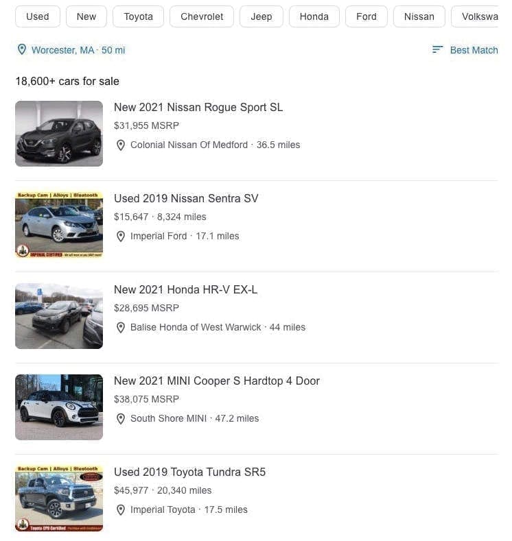 Google teste ses propres listes d'annonces automobiles dans la recherche