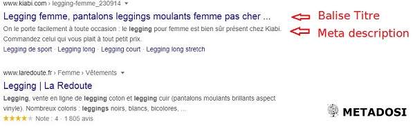 Balise titre et méta-description pour les legging dans les résultats de recherche Google