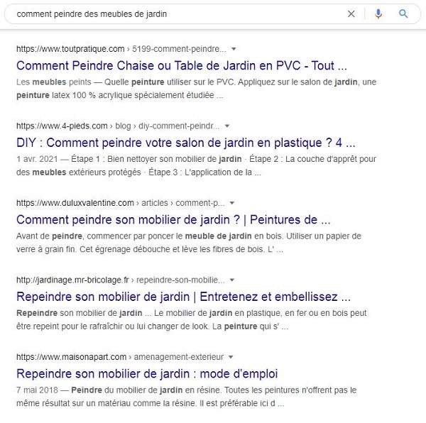 SERP pour "comment peindre des meubles d'extérieur"