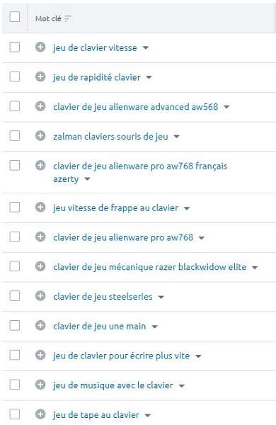 Liste de mots-clés concernant un clavier de jeu