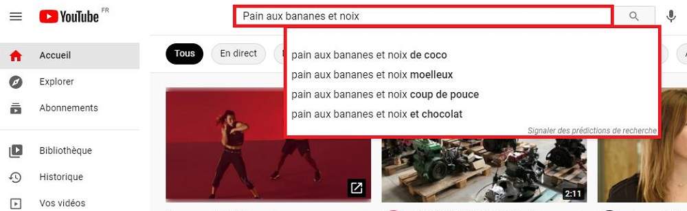 Un exemple de la fonction de suggestion de recherche sur YouTube