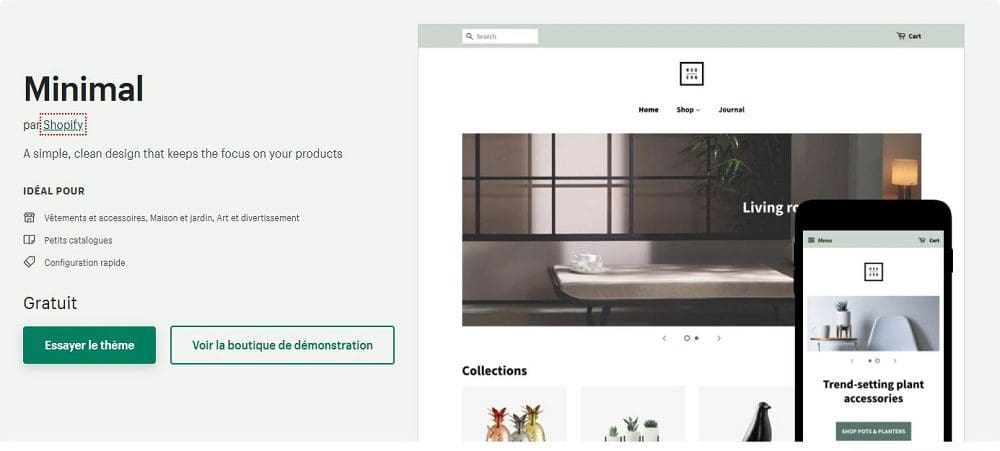 Page du thème Shopify nommé Minimal