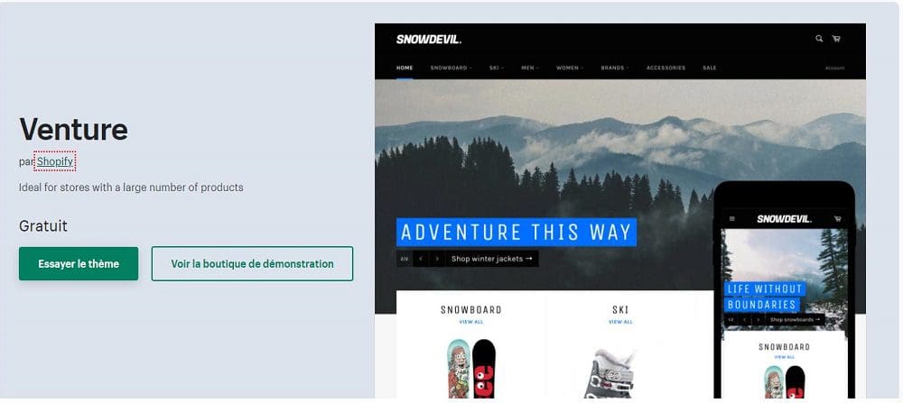 Page du thème Shopify nommé Venture