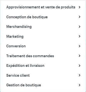 Liste des catégories d'applications à ajouter à une boutique Shopify