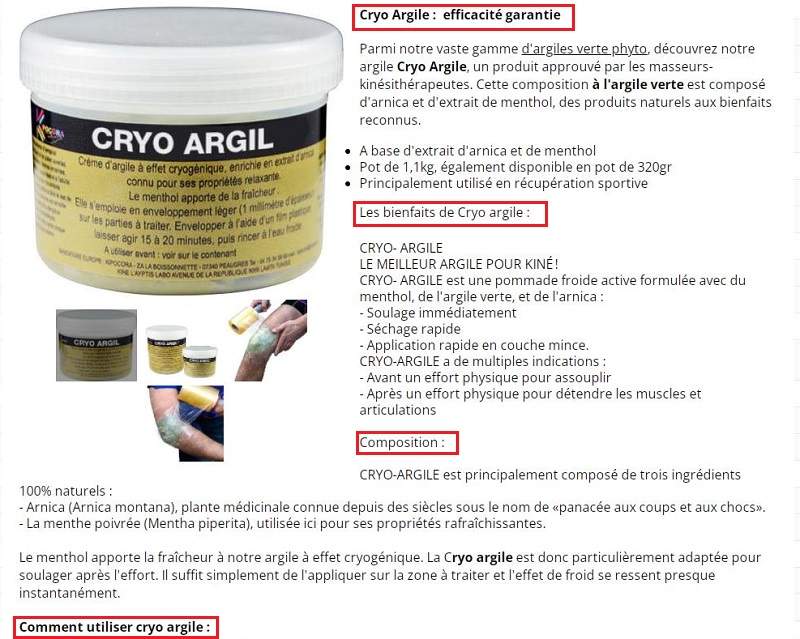 Un site internet qui vend de la crème Cryo Argile
