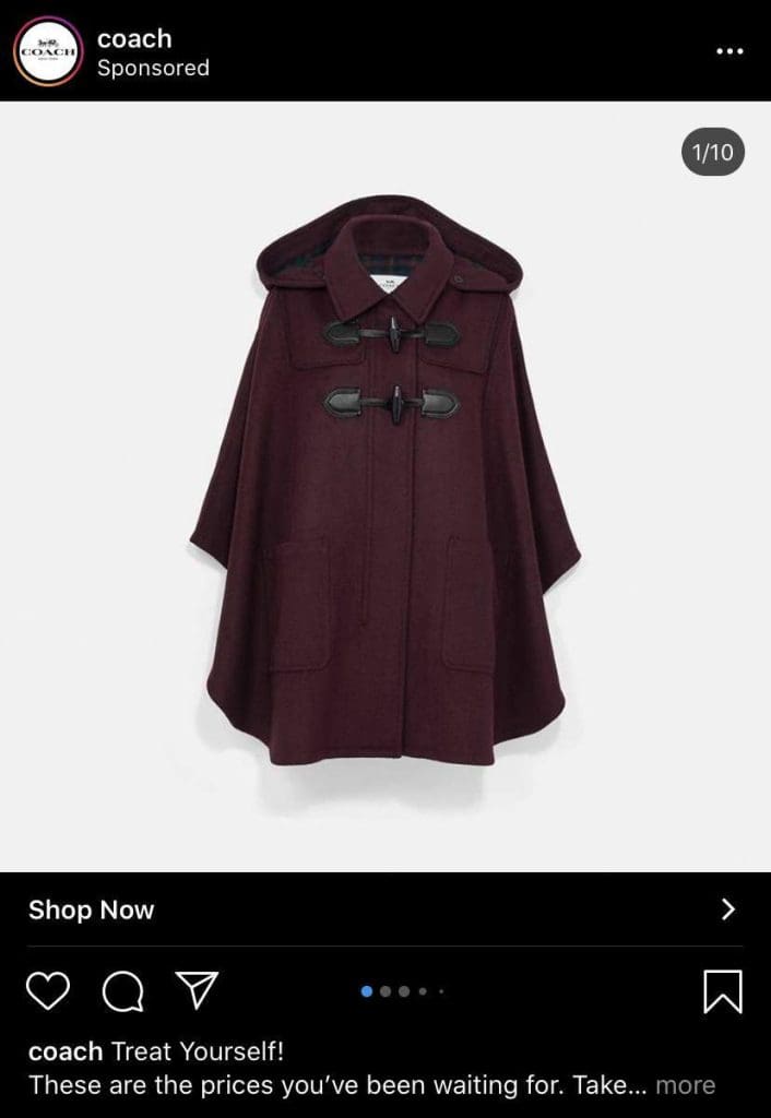 Une publicité pour un manteau Coach sur Instagram