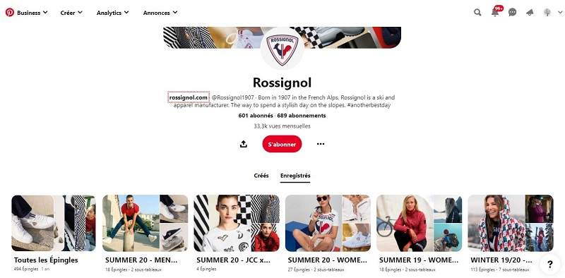 Le compte Pinterest de Rossignol avec plusieurs tableaux.