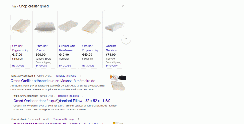 Clic sur une annonce Google Shopping pour un oreiller et atterrissage sur une page