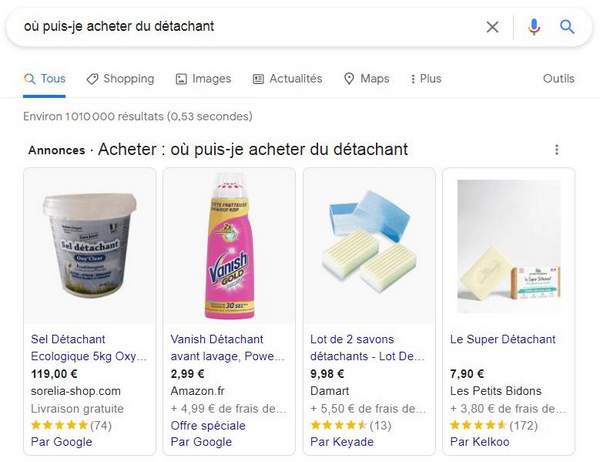 Recherche de produits détachants sur Google