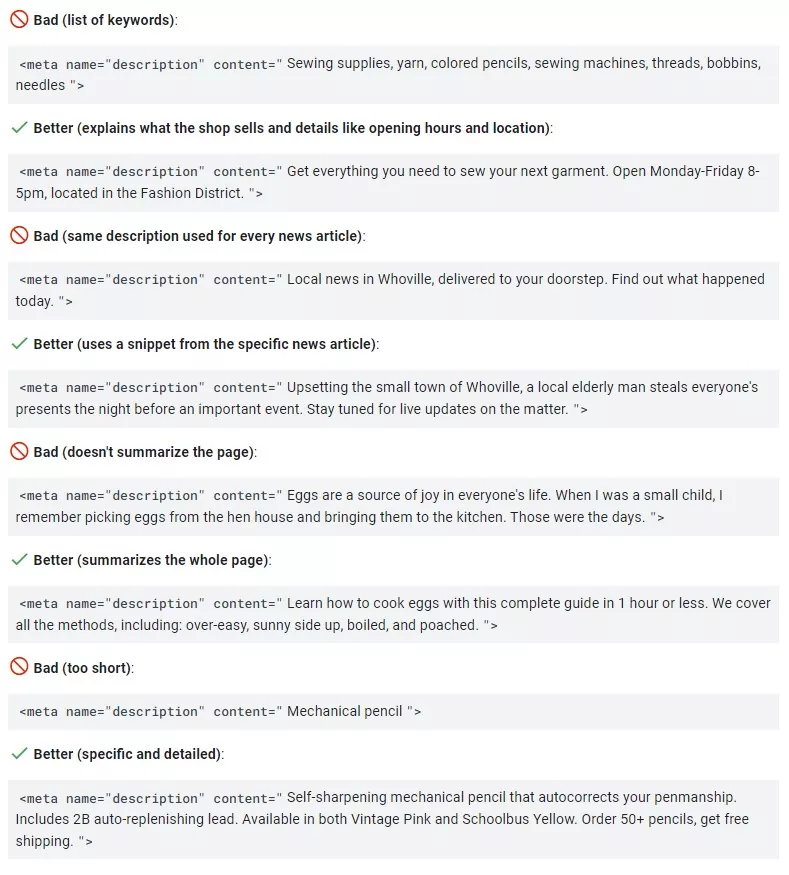 Exemples de bonnes et mauvaises descriptions selon Google