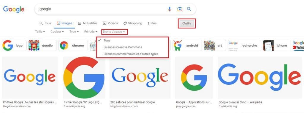 Nouveau filtre de licence dans Google Images