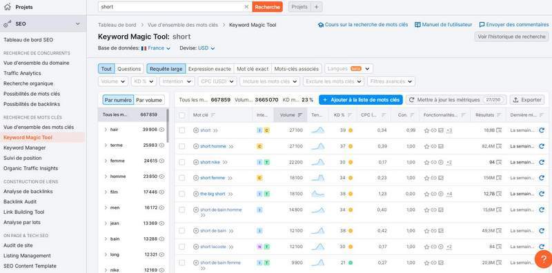 Analyse des mots-clés avec Semrush