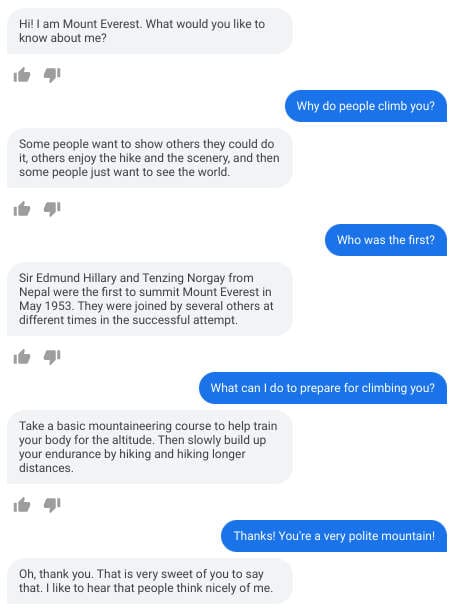 Exemple de dialogue avec LaMDA se faisant passer pour le Mont Everest