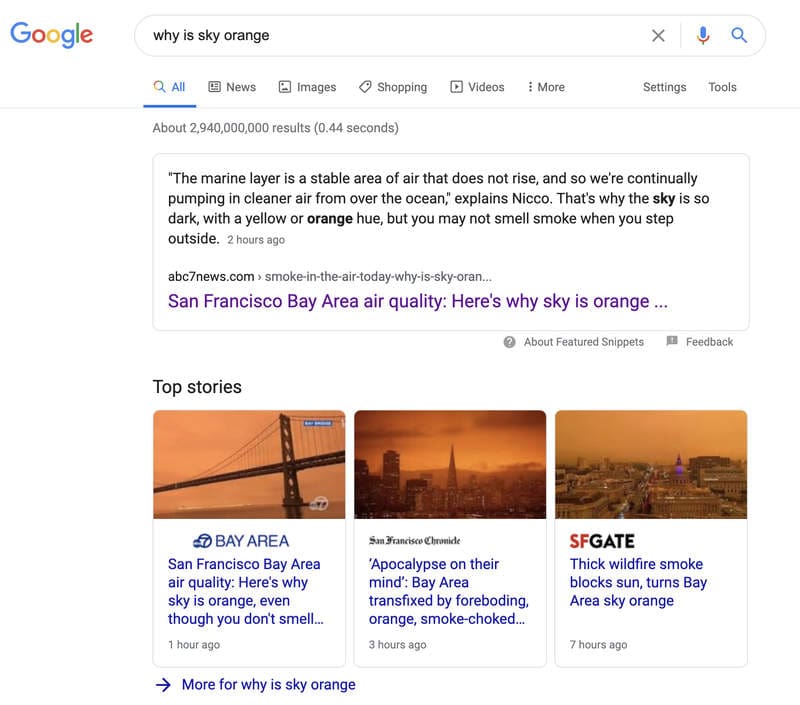 La nouvelle SERP qui explique pourquoi le ciel est orange