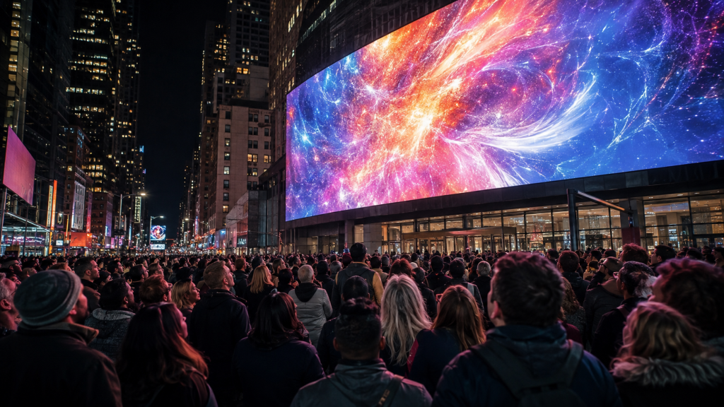 Potentiel de l’IA pour le SEO : 16 avantages concrets 2 Foule qui regarde un écran géant à Times Square