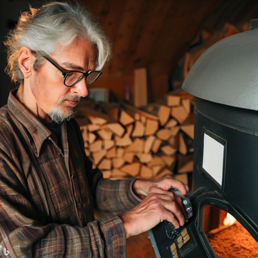 Homme de 60 ans en train de programmer son poêle à bois