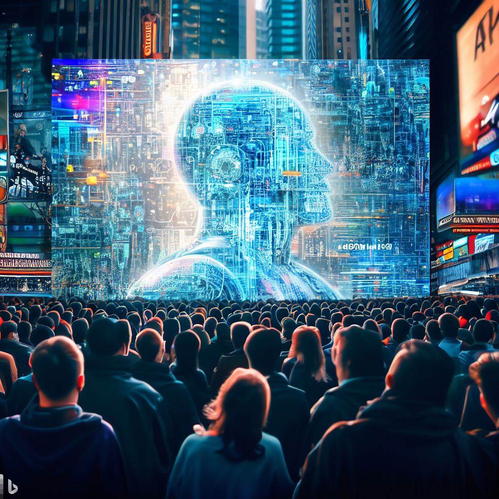 Foule qui regarde une image créée par l'IA sur un écran géant à Times Square