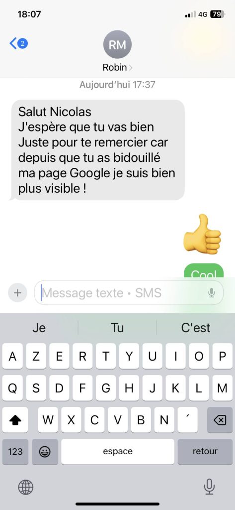Référencement local 8 Remerciement d'un photographe reçu par SMS après lui avoir optimisé sa GMB