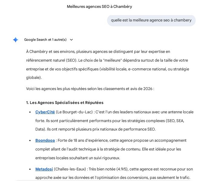 Exemple de citation de L'agence SEO Metadosi à 
 Chambéry dans une recommandation IA de Gemini
