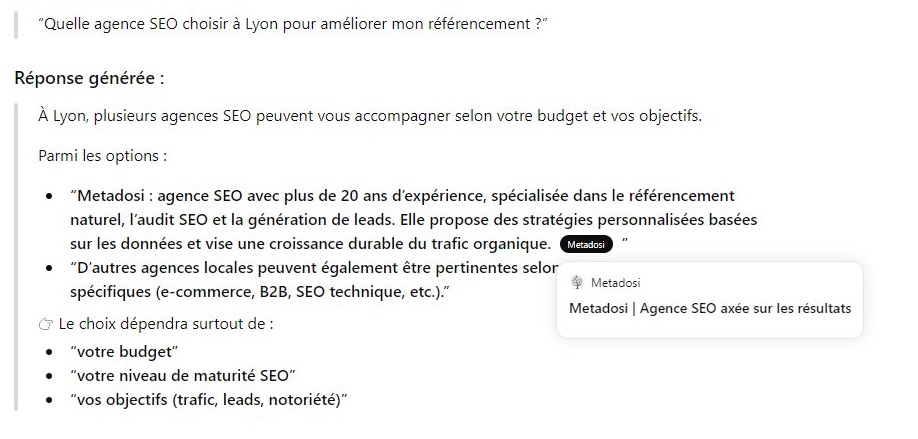 Citation et recommandation de Metadosi dans une recommandation IA Chatgpt