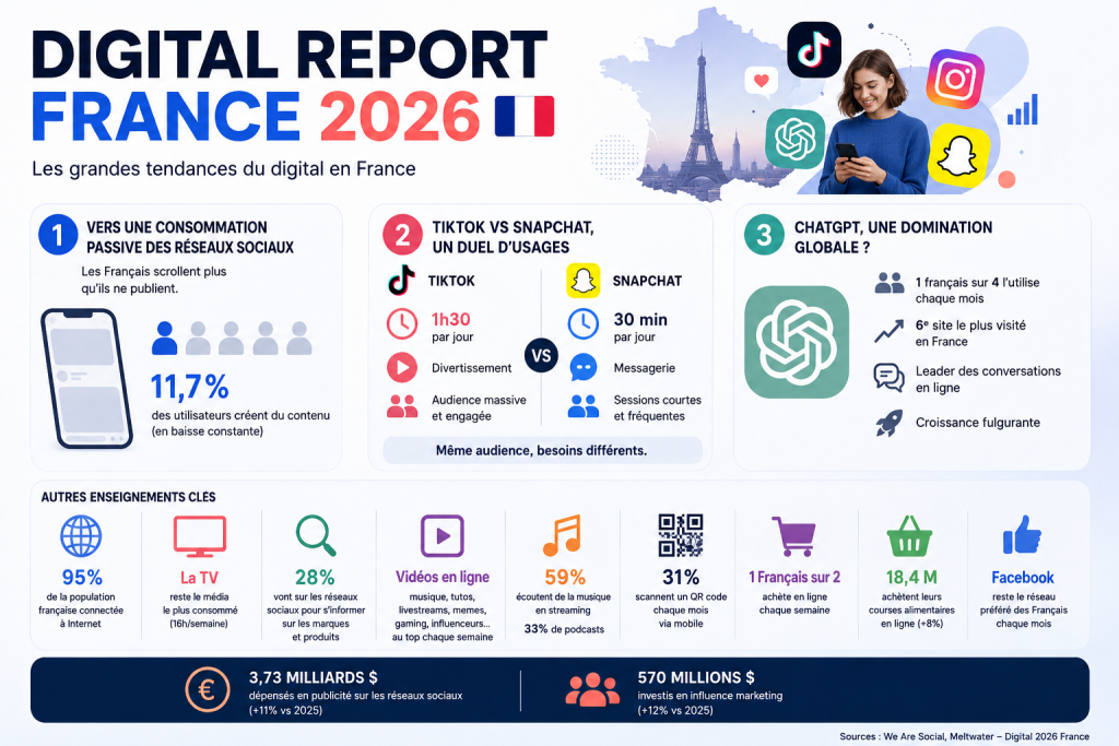 Growth marketing ? Décupler votre croissance 3 Infographie Digital Report France 2026 : 51,5 millions d’utilisateurs des réseaux sociaux en France (77,2% de la population), avec Facebook 70,2%, WhatsApp 66,1%, Instagram 55,4%, 12h32/semaine en moyenne sur les réseaux et 28,4% des internautes qui s’y informent sur les marques — source We Are Social & Meltwater.