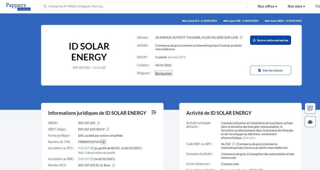 Enregistrement de l'entreprise ID Solar Industrie en 2021