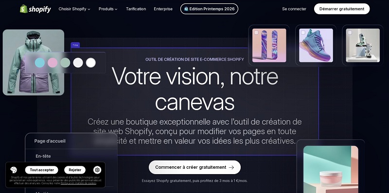 10 Exemples de Landing page qui convertissent 4 Landing page Shopify présentant l’outil de création et des exemples de boutiques